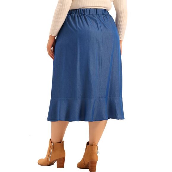 Plus Size Midi Skirt Elastic Waist Denim Tiered Pleated Hem Chambray Skirts Blue - Picture 4 of 6